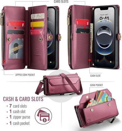 Strapurs Crossbody Wallet Case Compatible with iPhone 17e / iPhone 16e RFID Blocking 7-Card Holder PU Leather Magnetic Snap Shoulder Strap Zipper Pocket Phone Cases for iPhone 17e / 16e - Wine Red