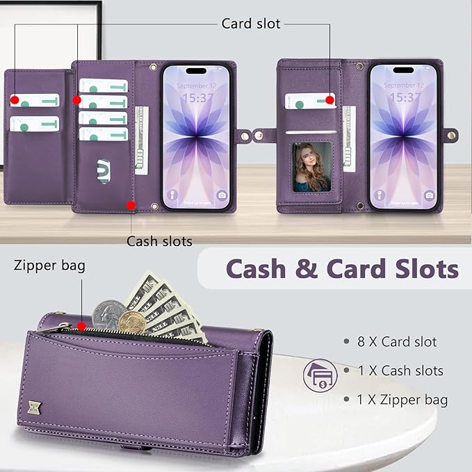 Wallet Case for iPhone 17 with Card Holder/Crossbody Wallet/Strap,[RFID Blocking][Magnetic] PU Leather Phone Case for iPhone 17,6.3 in,Purple