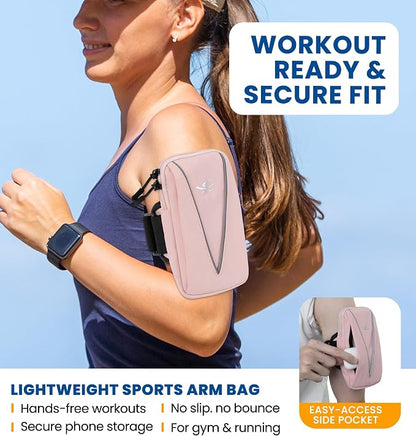HiRui Cell Phone Holder Arm Bag & Wrist Bag for Phone, Sports Running Armband for Gym & Cycling, Compatible with iPhone 17/17Pro/Plus/16/15 Samsung Galaxy All Phones, Reflective & Adjustable (Pink)