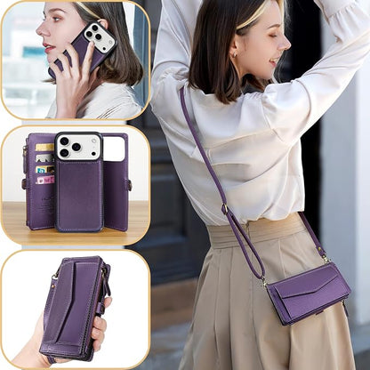 Compatible with iPhone 17 Pro 6.3" Wallet Case with RFID Blocking Card Holder for Women, PU Leather Flip Zipper Wallet Detachable Magnetic Phone Case Crossbody Strap, Purple