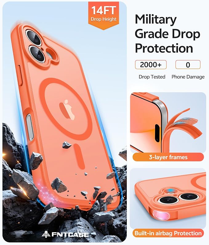 FNTCASE for iPhone 17 Case: [Compatible with Magsafe] Translucent Matte Cases with [Full Camera Protection] [Screen Protector] Military Grade Shockproof Protective Phone Cover - Orange