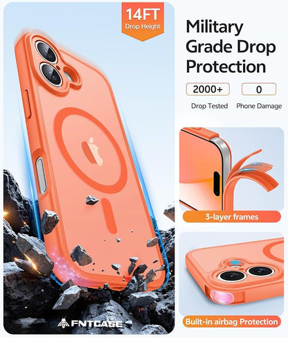 FNTCASE for iPhone 17 Case: [Compatible with Magsafe] Translucent Matte Cases with [Full Camera Protection] [Screen Protector] Military Grade Shockproof Protective Phone Cover - Orange