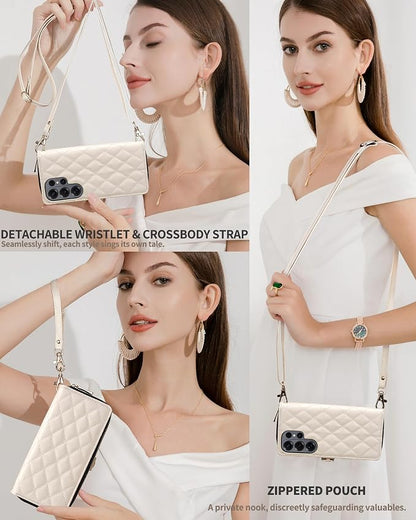 Rssviss Crossbody Case for Samsung Galaxy S26 Ultra Case Wallet, RFID Blocking Leather with Card Holder Kickstand, Handbag Zipper Flip Cover with Wrist Strap for S26 Ultra 6.9" Men Women, White