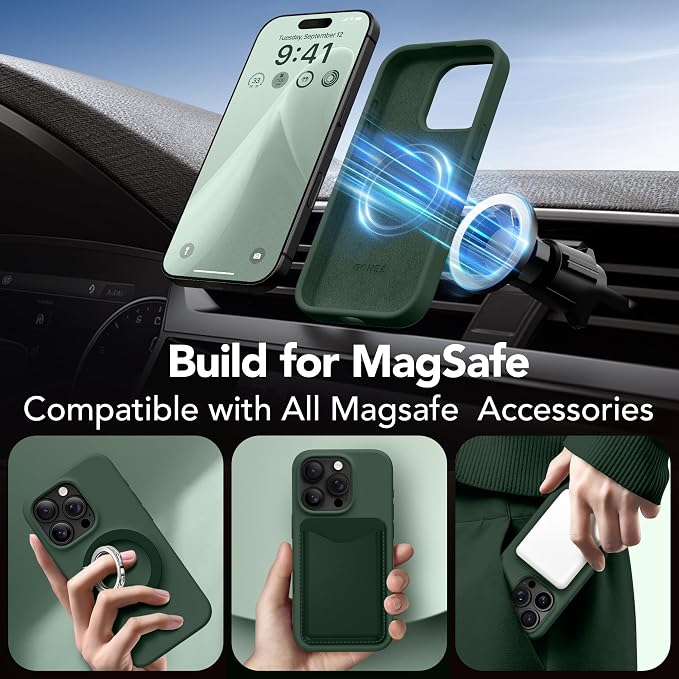 GONEZ Magnetic for iPhone 16 Pro Max Case, Compatible with MagSafe, Liquid Silicone Case, with Screen Protector + Camera Protector, Full Body Protective Shockproof Phone Cover 6.9", Army Green