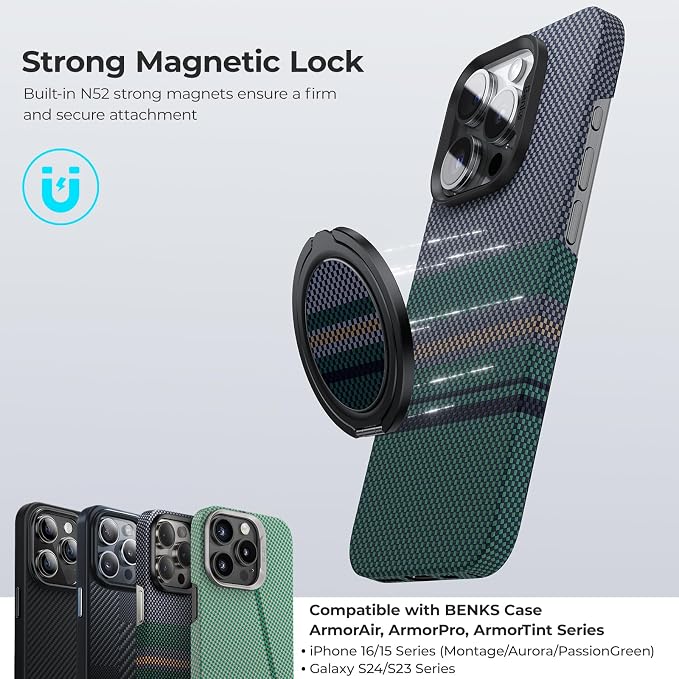 BENKS Magnetic Phone Grip Ring Holder Stand for Magsafe, 360° Rotation Adjustable Cell Phone Stand for iPhone 16/15/14/13/12 Series, Smartphone Accessories, Aurora