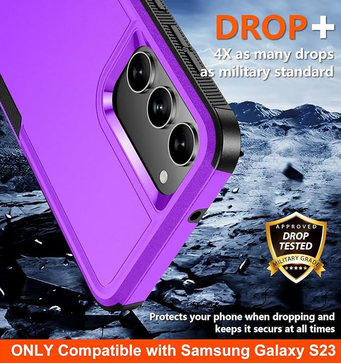 SPIDERCASE Designed for Samsung Galaxy S23 Case, [10 FT Military Grade Drop Protection], 2 Pack [Tempered Glass Screen Protector+Camera Lens Protector] Heavy Duty Shockproof Case, Dark Purple
