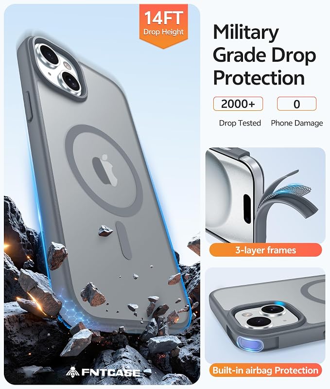FNTCASE for iPhone 15/14/13 Case, Fit for Magsafe, Glass Screen Protector | Translucent Matte, Magnetic Phone Cases, 14FT Military Grade Drop Protection, Slim Shockproof Protective Cover, Gray