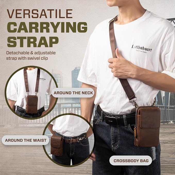 Hengwin Small Genuine Leather Cell Phone Crossbody Purse Shoulder Bag for Women and Men, Leather Phone Holster with Belt Clip Belt Loop Travel Passport Pouch Messenger Bag Waist Bag (Coffee)