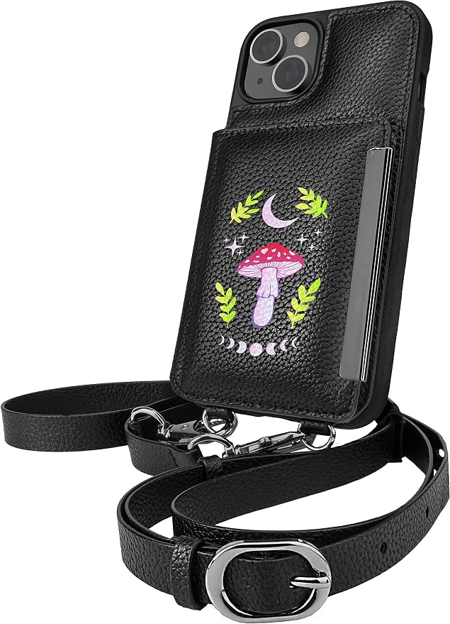 Smartish iPhone 14 Crossbody Wallet Case - Dancing Queen [Purse/Clutch with Detachable Strap & Wristlet] Protective Cover with Credit Card Holder - Moons Out Shrooms Out