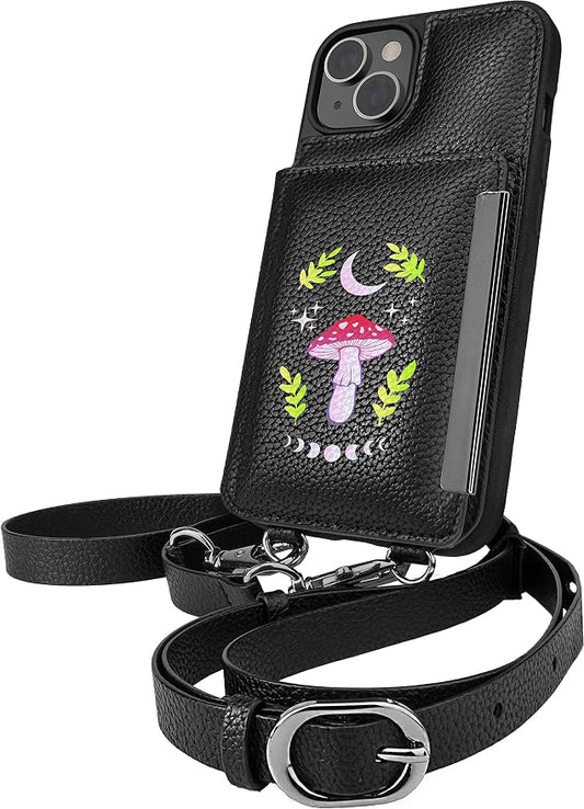 Smartish iPhone 14 Crossbody Wallet Case - Dancing Queen [Purse/Clutch with Detachable Strap & Wristlet] Protective Cover with Credit Card Holder - Moons Out Shrooms Out