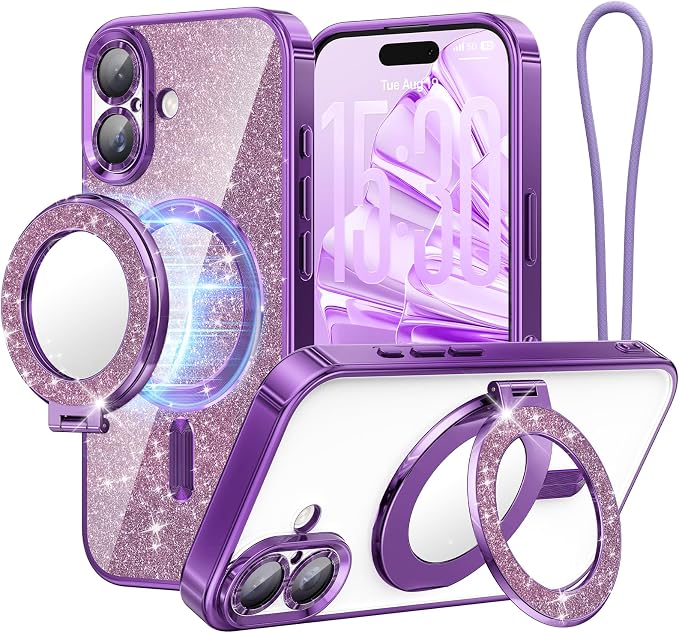 Meifigno Designed for iPhone 17 Case with Ring Stand (6.3"), [Built-in Mirror] [Compatible with MagSafe] [Glitter Card & Wrist Strap] Removable Phone Stand +Designed for iPhone 17 Case, Purple