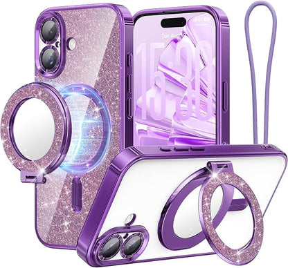 Meifigno Designed for iPhone 17 Case with Ring Stand (6.3"), [Built-in Mirror] [Compatible with MagSafe] [Glitter Card & Wrist Strap] Removable Phone Stand +Designed for iPhone 17 Case, Purple