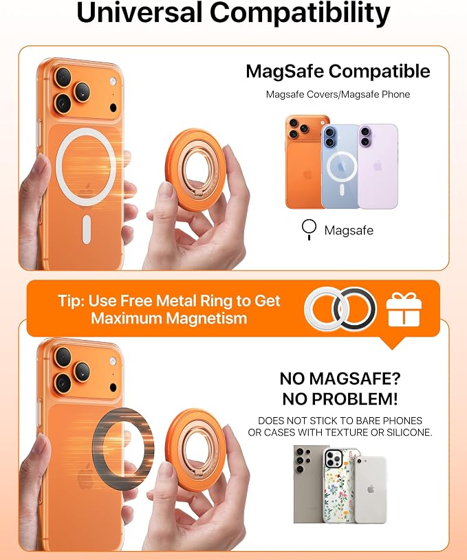 andobil [2026 3rd Gen] Magnetic Phone Grip for MagSafe [Sability Max] Stronger Two-Sided Magnet Cell Phone Ring Holder Compatible with MagSafe Accessories, iPhone 17 Pro Max Air 16 15 14 13 12, Orange