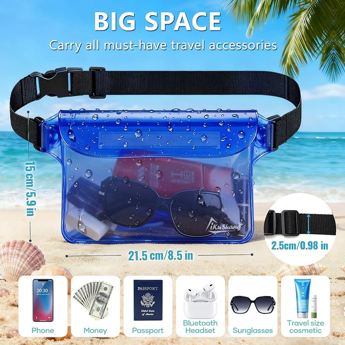 Waterproof Fanny Pack Phone Pouch - 32FT Submersible Triple Zip Lock Dry Bag, Touchscreen Passport Wallet Travel Pouch for Beach Cruise Swimming Kayaking Boating Essentials