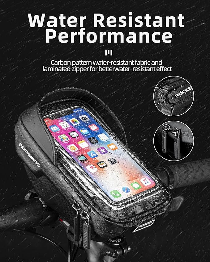 ROCKBROS Bike Phone Mount Bag Bike Front Frame Handlebar Bag Waterproof Bike Phone Holder Case Bicycle Accessories Pouch Sensitive Touch Screen Compatible with iPhone Below 6.5"