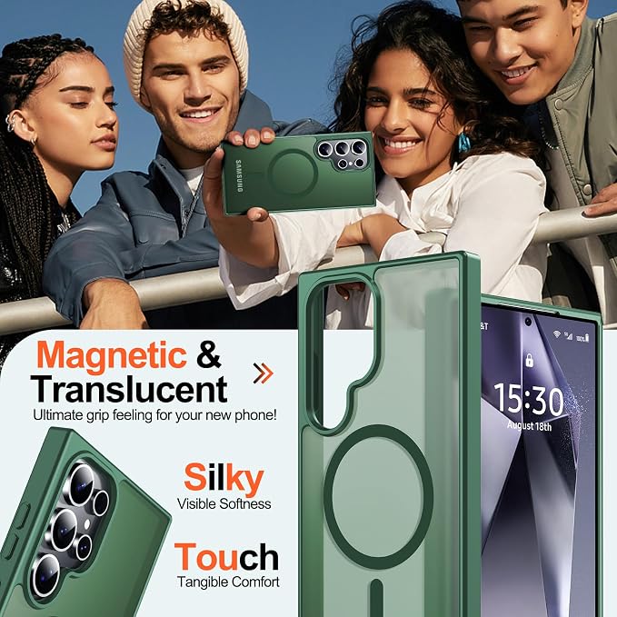 MOZOTER for Samsung Galaxy S24 Ultra Case,[Compatible with MagSafe] Green | [12Ft Military Dropproof][2*Screen Protector]Translucent Anti-Slip Back Slim Shockproof Case for S24 Ultra-Green