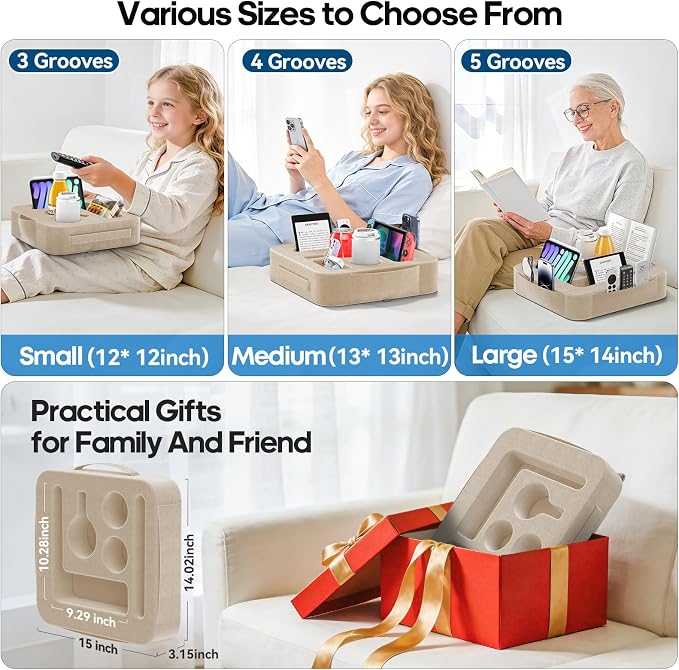 Couch Cup Holder Tray, Couch Caddy for Drink, Snack, Phone, Remote, Ipad, Game Controller, Large-Size Sofa Cup Holder for Bed, Sofa, Car, Desk, Khaki