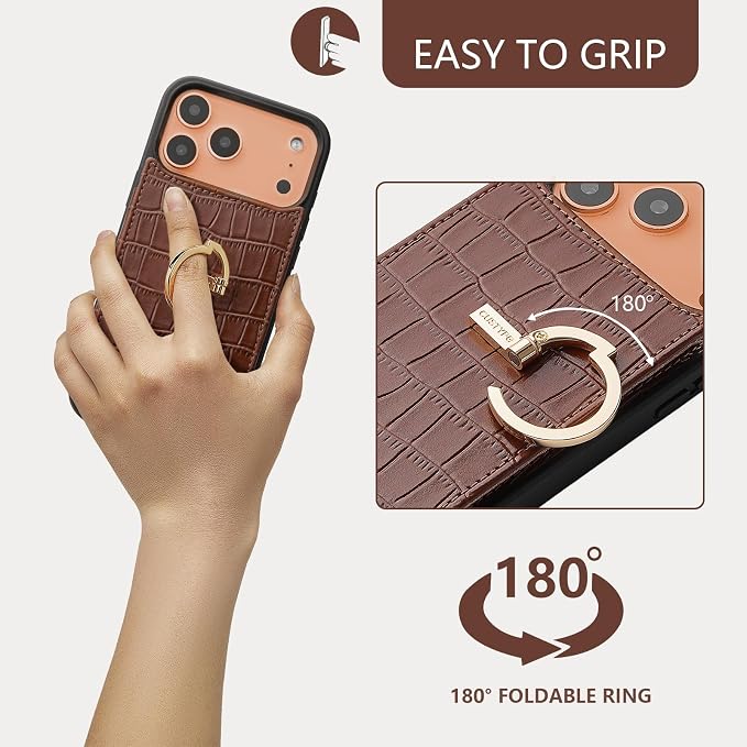 CUSTYPE Compatible with iPhone 17 Pro Max Wallet Case with Card Holder,180°Ring Holder Kickstand Card Slots Case,PU Leather Protective Case for iPhone 17 Pro Max 6.9inch-Brown
