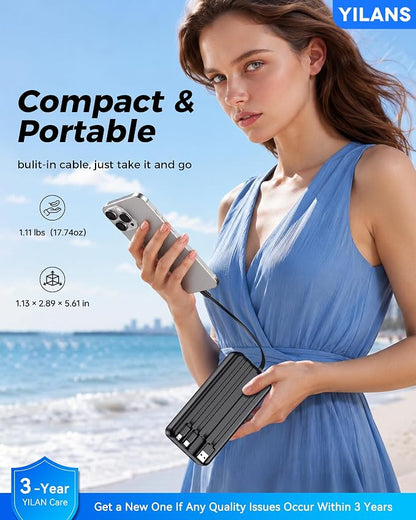 Portable Charger,50000mAh Power Bank Built-in Cable, 22.5W PD USB C In & Out Fast Charging, External Battery Pack with 6 Output & 2 Input, Travel Phone Charger for iPhone 17/16/15/14/13/12(Black)