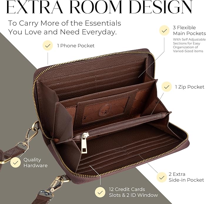 BULL GUARD Crossbody Leather Wallet Phone Purse, Anti Theft and RFID Blocking, Elegant Design for Travel