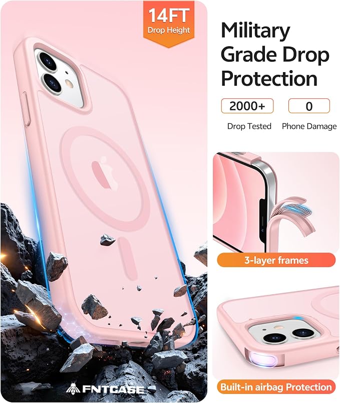 FNTCASE for iPhone 13 Mini Case: for iPhone 12 Mini Case [Compatible with Magsafe] Translucent Matte Magnetic Phone Cover - Military Grade Drop Protection Shockproof Protective Cases - Light Pink