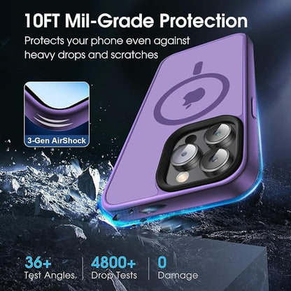 Magnetic Case for iPhone 14 Pro Max Case [10FT-Grade Drop Tested & Compatible with MagSafe] Translucent Anti-Fingerprint Anti Shockproof Protective Shell 6.7 Inch, Deep Purple
