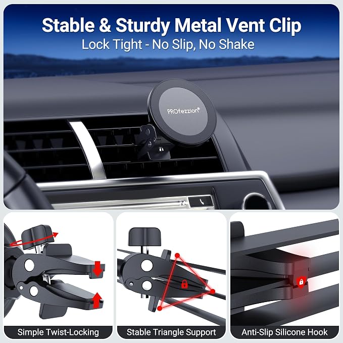 PROfezzion 2-Pack Compatible with MagSafe Car Vent Mount, Magnetic Car Vent Holder for iPhone 17 16 15 14 13 12 Pro Max Plus, Mag-Safe Case & All Phones [Metal Vent Clip & Easily Install]
