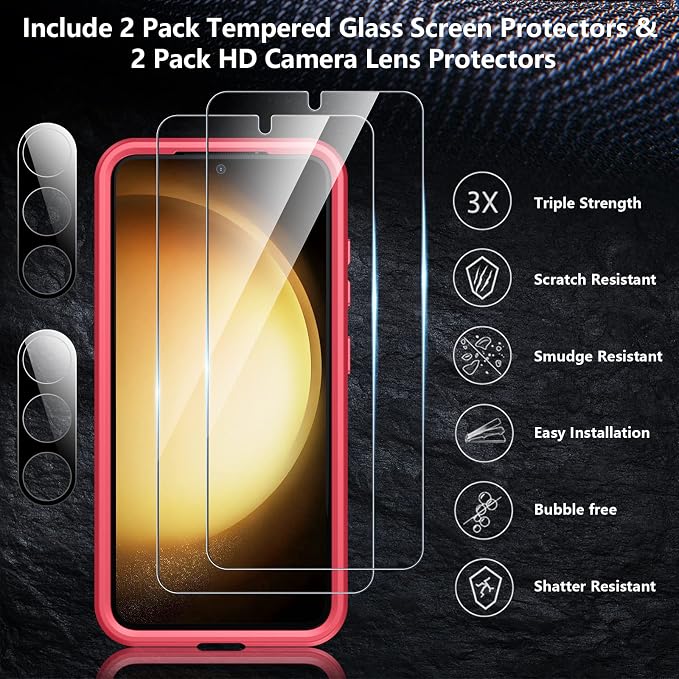SPIDERCASE Designed for Samsung Galaxy S23 Case, [10 FT Military Grade Drop Protection], 2 Pack [Tempered Glass Screen Protector+Camera Lens Protector] Heavy Duty Shockproof Case, Pink