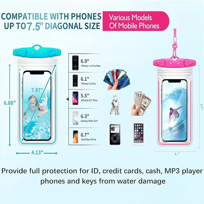 Universal Waterproof Phone Pouch, 4 Pack Waterproof Phone Case Dry Bag with Neck Strap Luminous Ornament for Water Games Cruise Essentials for iPhone 17 16 15 13 Pro Max Plus Galaxy Google up to 7.5"