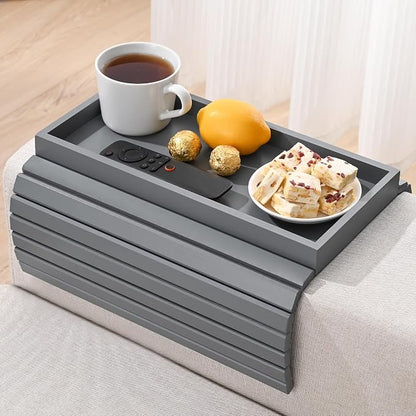 Bamboo Sofa Arm Tray, Anti-Dropping Couch Arm Tray, Foldable Sofa Armrest Tray Couch Arm Table for Eats, Drinks, Snacks, Remote, Cellphone, Cup Holder, Back Anti-Slip Pad Design