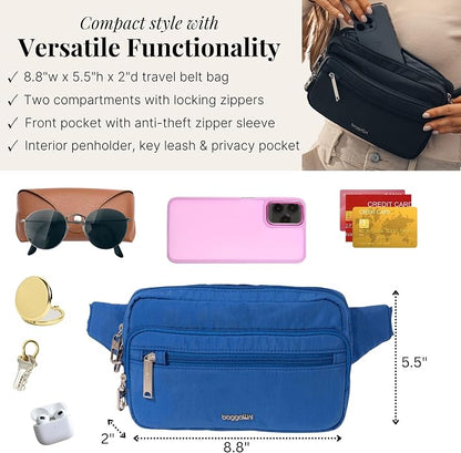 Baggallini Securtex Anti-theft Belt Bag 8.8"x5.5" Crossbody Fanny Pack for Women RFID Wallet Locking Zipper Travel Purse