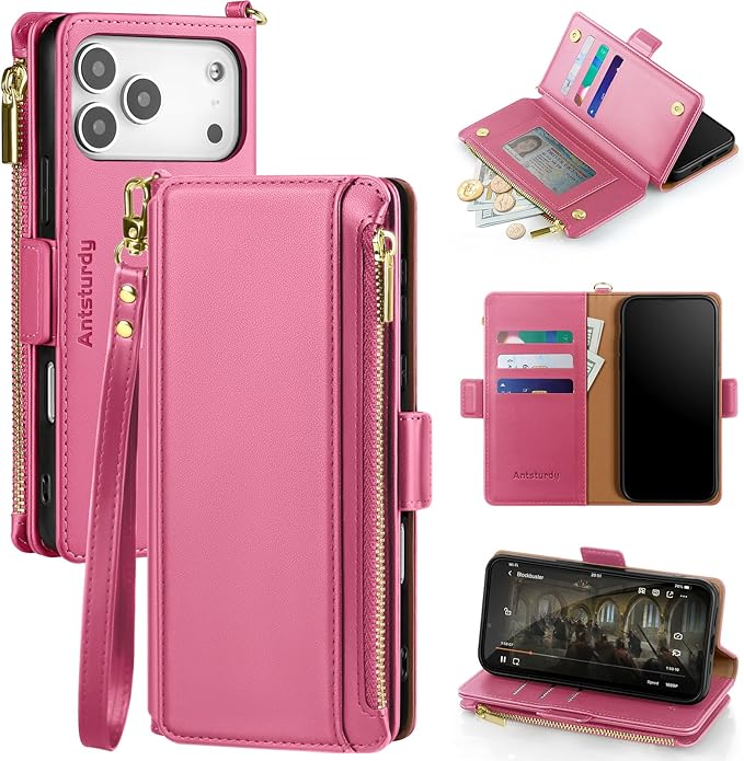 Antsturdy Compatible with iPhone 17 Pro Wallet Case Women,RFID Blocking PU Leather Phone Case Men Kickstand Flip Cover Wrist Strap Zipper Credit Card Holder Slots for Apple 17 Pro 6.3",Hot Pink