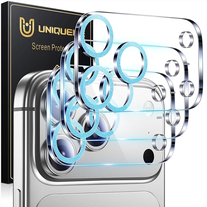 UniqueMe Compatible for 3 Pack iPhone 17 Pro Camera Lens Protector - [Drop Protection] [Case Friendly] 9H Tempered Glass Camera Cover Screen [Update New Version] - Glitter Blue