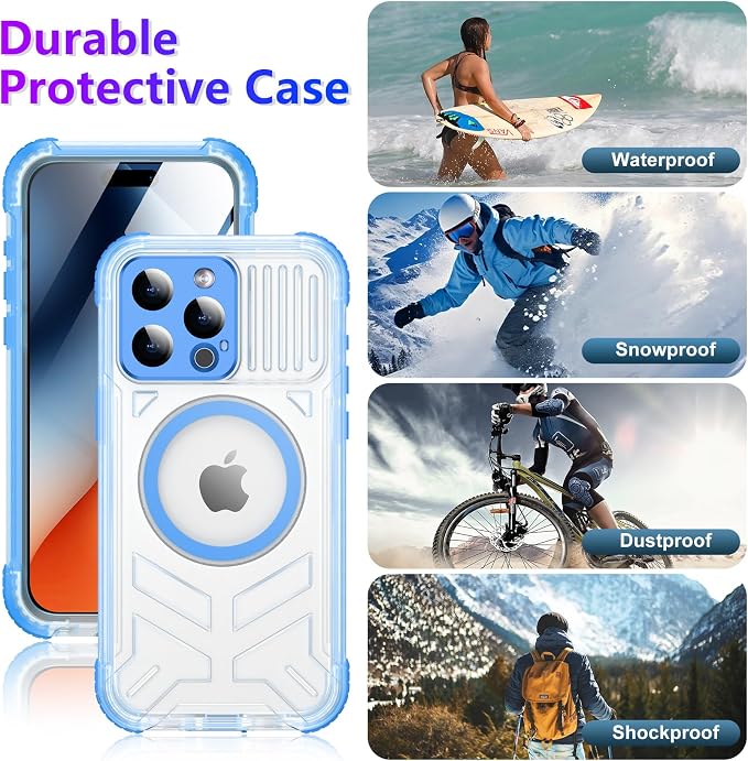 Temdan Magnetic for iPhone 15 Pro Max Case Waterproof,[Built-in Screen & Camera Protector][Full Body Shockproof][IP68 Underwater][Dustproof] Shockproof Phone Case for iPhone 15 Pro Max 6.7"-Blue