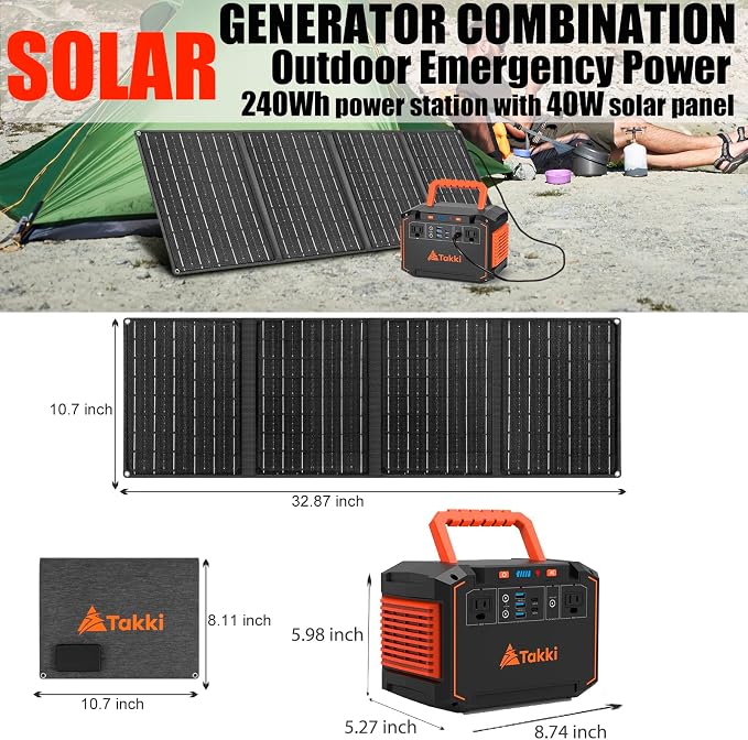Takki 300W Solar Generator 240Wh Portable Power Station with 40W Foldable Solar Panel Power Bank with 110V AC Outlet USB DC for Emergency CPAP Outdoor Camping Home Use Blackout