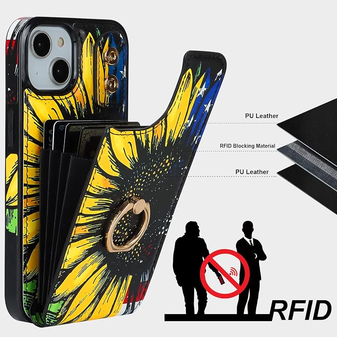 HAOPINSH for iPhone 13/ iPhone 14 Wallet Case with Card Holder, 360°Rotation Ring Kickstand, American Flag Sunflowers Pattern, RFID Blocking Leather for Girls Women, Double Buttons Flip Cover 6.1"