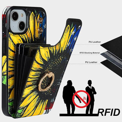 HAOPINSH for iPhone 13/ iPhone 14 Wallet Case with Card Holder, 360°Rotation Ring Kickstand, American Flag Sunflowers Pattern, RFID Blocking Leather for Girls Women, Double Buttons Flip Cover 6.1"