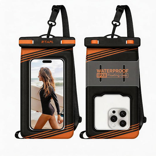 2 Pack IPX8 Floating Waterproof Phone Pouch - Case with Lanyard, Universal Protector for iPhone 17/16/15/14/13 Pro Max Plus & Galaxy S25/S24 (Orange)
