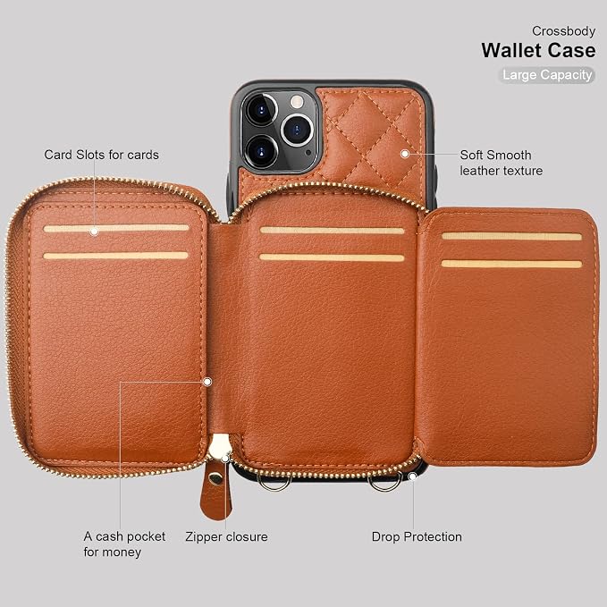 Bocasal Crossbody Wallet Case for iPhone 11 Pro Max, RFID Blocking PU Leather Zipper Handbag Purse Flip Cover, Kickstand Folio Case with Card Slots Holder Wrist Strap Lanyard 6.5 Inch (Brown)