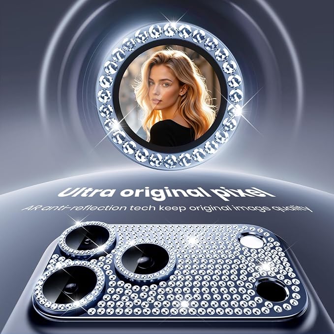 WSKEN for iPhone 17 Pro Camera Lens Protector Diamond Bling - [Not Easy to Fall][Strong Adsorption] Glitter Metal Aluminum Alloy Rear Camera Screen Cover Accessories, Deep Blue
