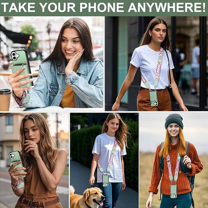 XANGNIER Wallet Case for iPhone 17 with Strap, RFID Blocking PU Leather Crossbody Phone Purse with Card Holder, Zipper Pocket, Wrist Strap & Adjustable Lanyard for Women 6.3" 5G, Green