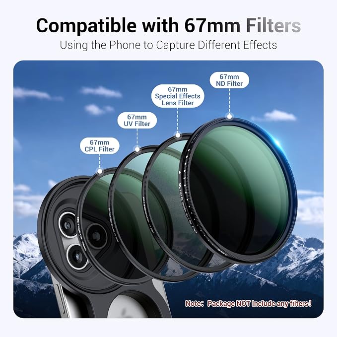 KIWIFOTOS Magnetic Phone Camera Grip with 67mm Camera Lens Filter Adapter for iPhone 17 16 15 14 Pro Max Photography UV ND CPL Phone Lens Adapter(67mm Filters not Included)