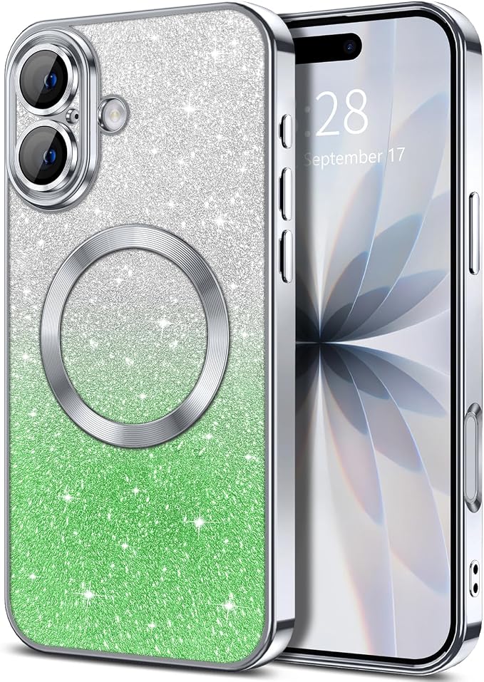 Hython for iPhone 17 Case Glitter Clear Magnetic Phone Cases [Compatible with MagSafe] Full Camera Lens Protector Sparkle Luxury Plating Slim Shockproof Protective Cover Women, Gradient Silver