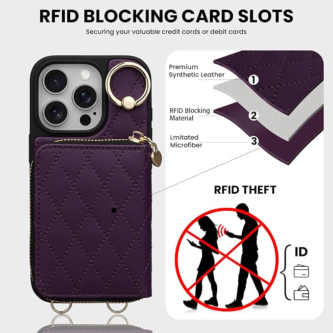 Keallce Case for iPhone 16 Pro 6.3'' Wallet Case, Crossbody Zipper Purse with Wristlet for Women, RFID Blocking Card Holder, 360° Ring Kickstand Flip Leather Case for iPhone 16 Pro, Darkpurple