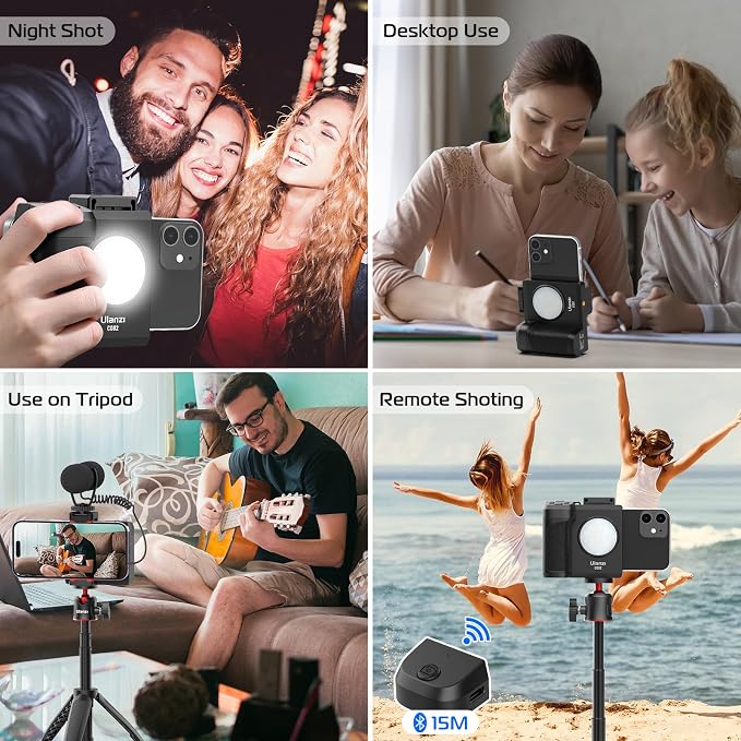 ULANZI CG02 Upgraded Smartphone Camera Shutter Handle Grip w Detachable Wireless Bluetooth Remote Control,Three-Gear Adjustable Fill Light for iPhone Samsung Google OnePlus Phones Video/Photo Shooting