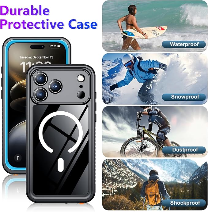 Temdan Magnetic Compatible with iPhone 17 Pro Max Case,Waterproof Built-in Screen & Camera Protector IP68 Underwater Full Body 17FT Military Dropproof Shockproof Phone Case 6.9"-Mag/Blue