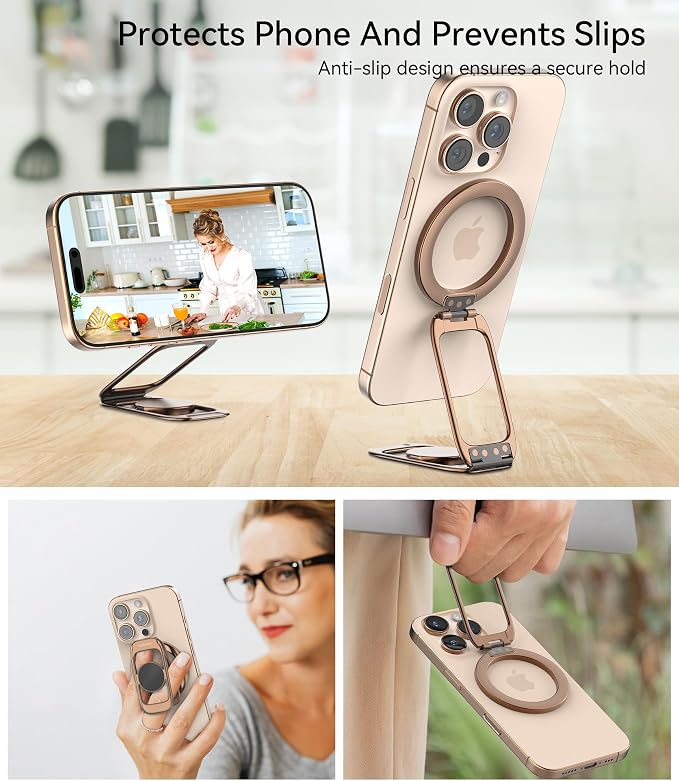 Magnetic Phone Ring Holder for MagSafe Phone Grip & Kickstand, Strong Dual-Sided Magnets Compatible with MagSafe Car Mount Gym for iPhone 17/16 Pro Max 15/14/13/12 and Android Phone Cases (Brown)