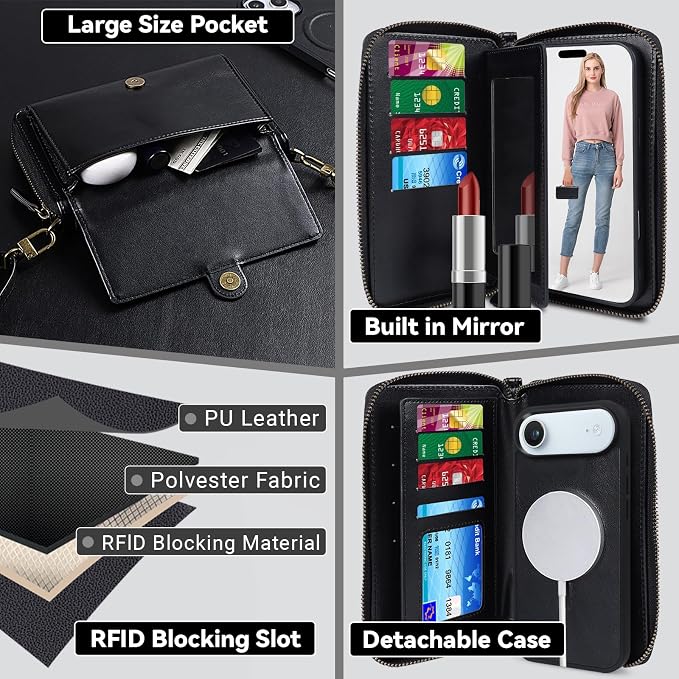 Lacass for iPhone 17 Air Detachable Crossbody Wallet Case, Compatible with MagSafe Magnetic 2 in 1 RFID Blocking PU Leather Wallet Cover Card Holder Zipper Make Up Mirror (Black)