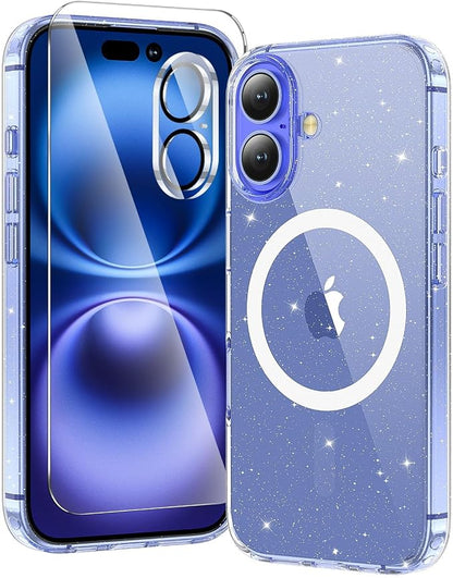 3 in 1 for iPhone 16 Case Clear with MagSafe, Not Yellowing, Screen Protector*1 Camera Lens Protector*1, Military-Grade Protection for iPhone 16 Phone Case 6.1 inch Clear Glitter