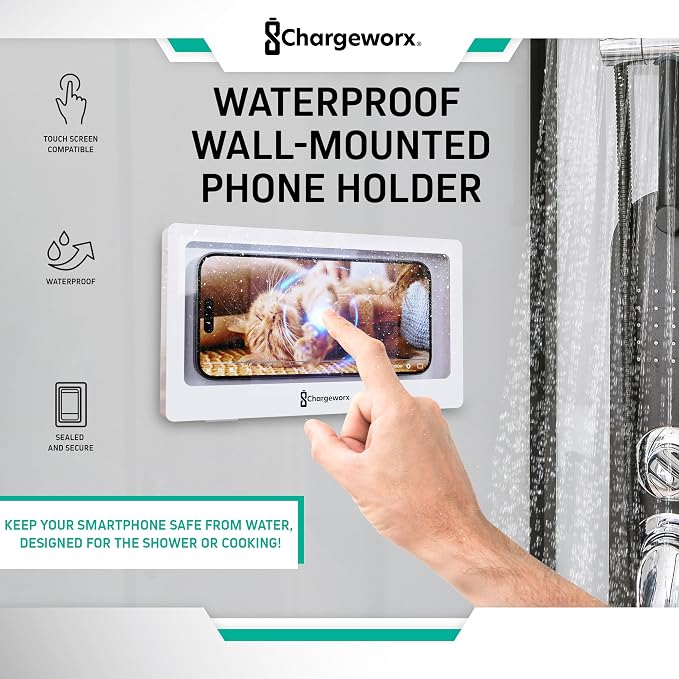 CHARGEWORX Waterproof Shower Phone Holder Wall Mount, Anti-Fog Touchscreen Phone Case for Bathroom, Universal Smartphone Holder up to 7”, Hands-Free Cell Phone Stand, White